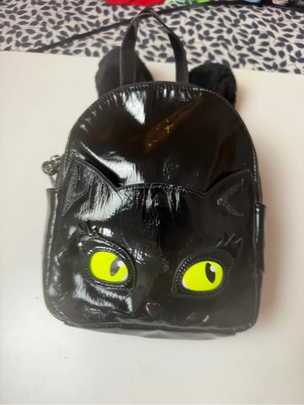 Betsey Johnson Black Glossy Meow In The Dark Cat Eyes Faux Fur Mini Backpack